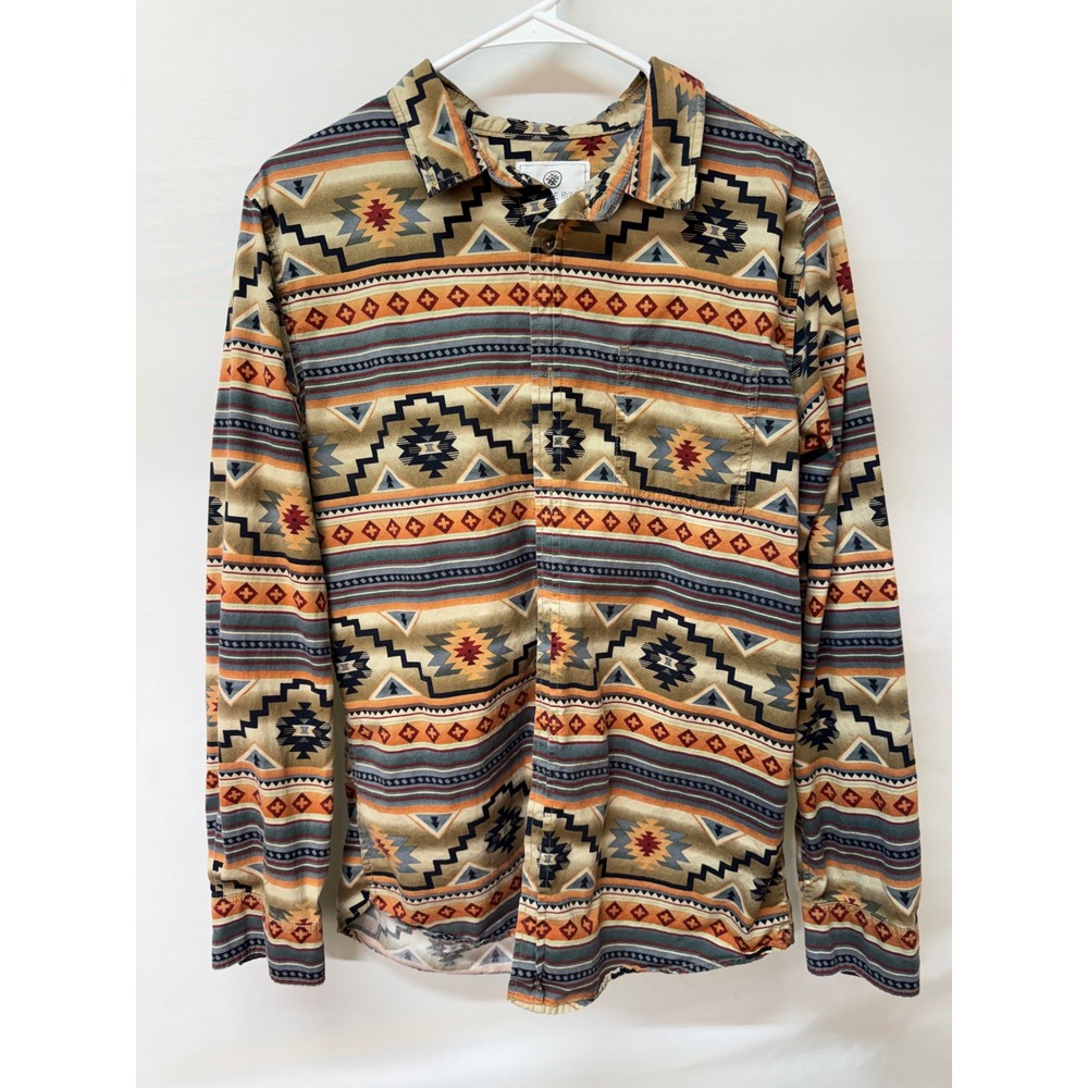 On The Byas Mens Southwestern Tribal Print Cotton Button Down Shirt Tan Orange M